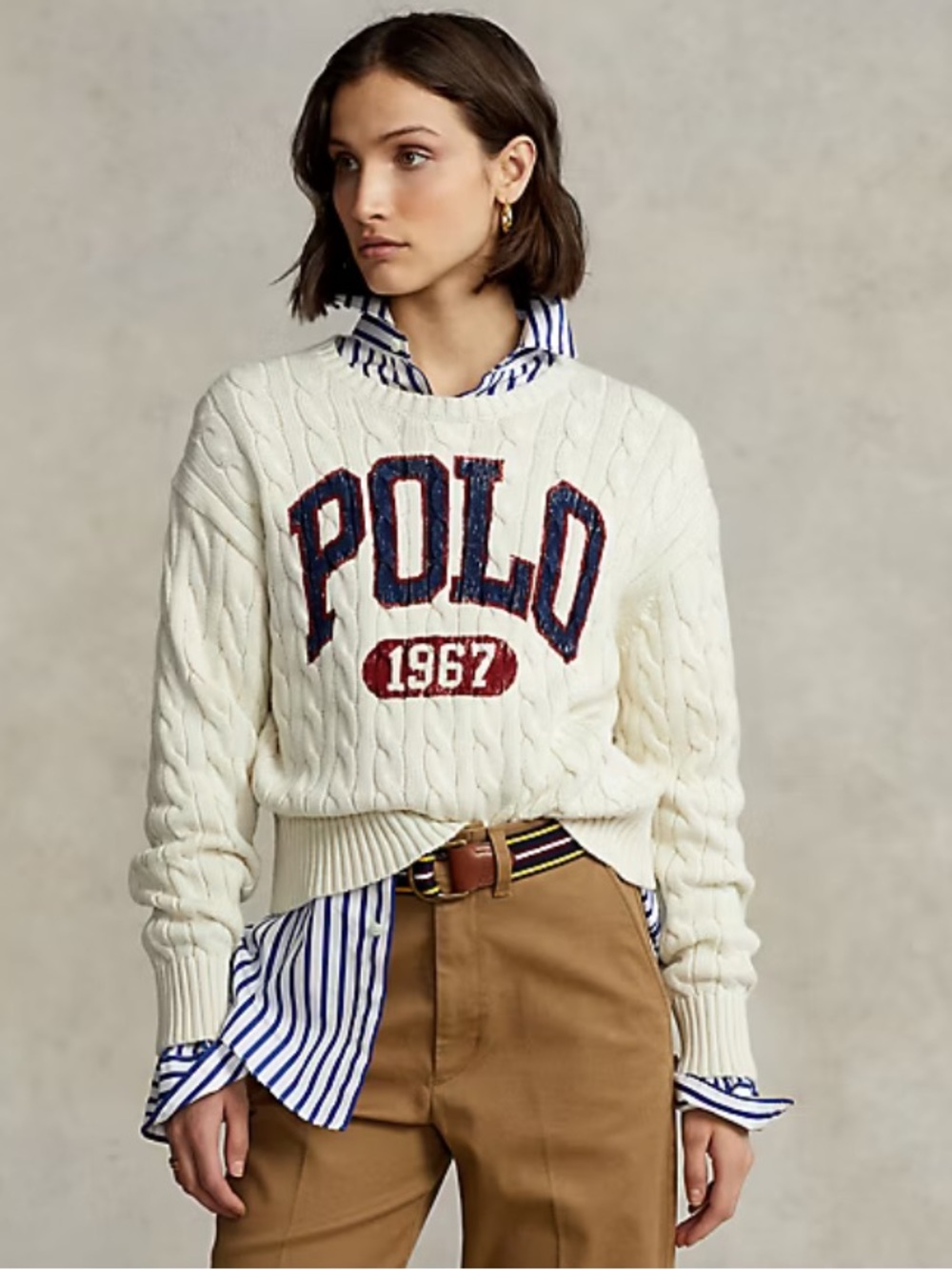 Ralph Lauren Polo 1967 sweater cable knit cotton S heritage preppy ivory